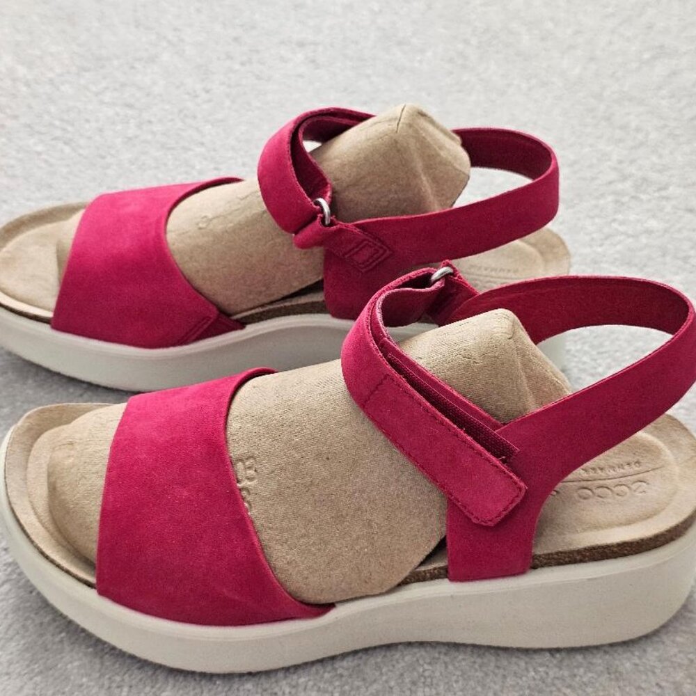 Ecco Flowt Pink Leather White Wedge Heel Sandal Sz 8.5 - 39